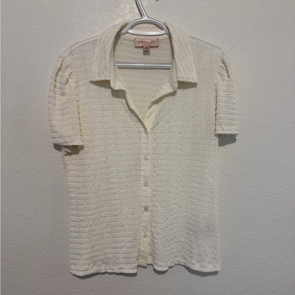 White Textured Button-Up Top